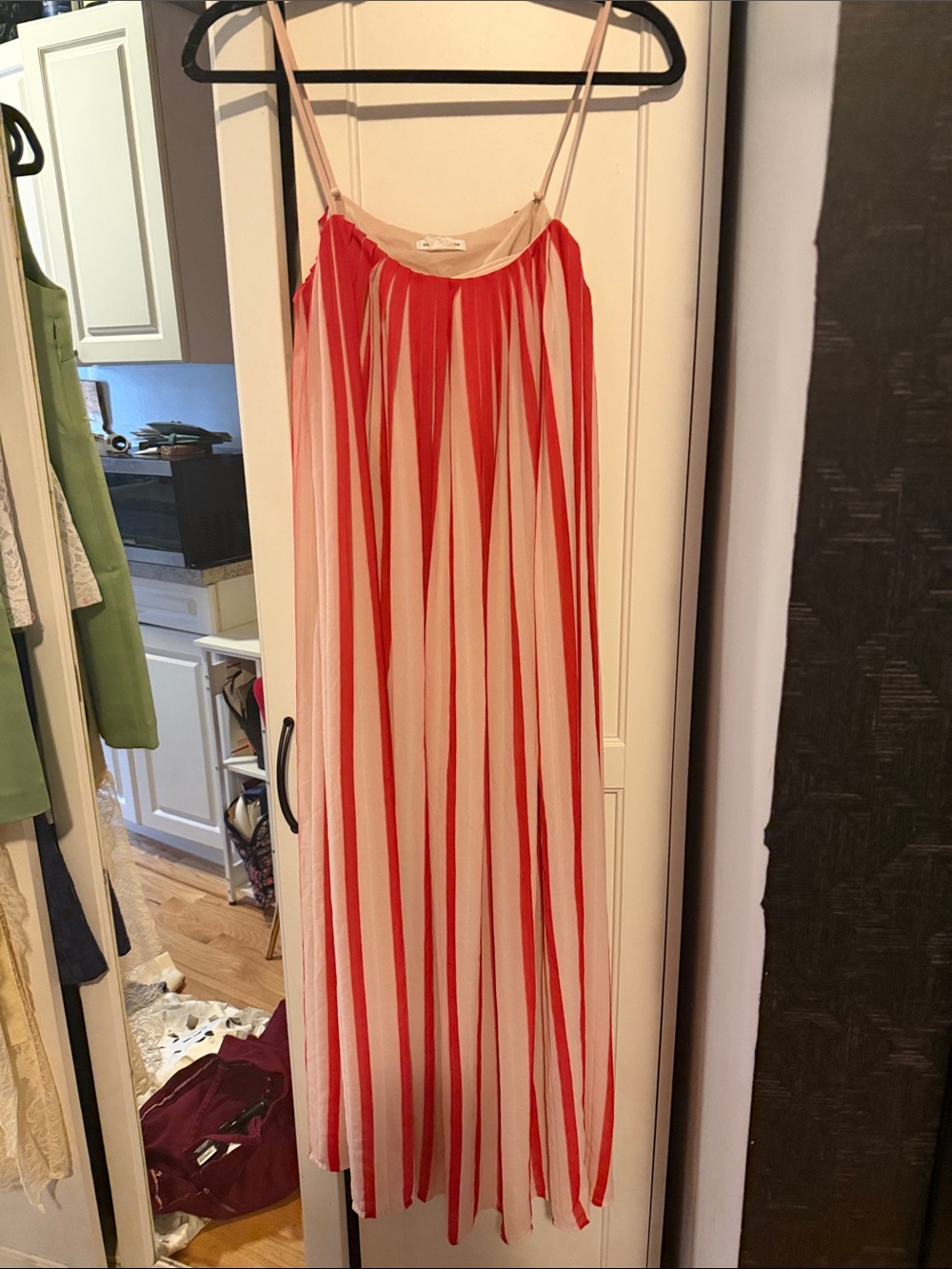 Club Monaco Red and Nude Pleated Striped Maxi Dress